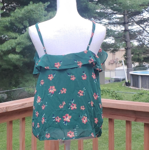 Japan green orange red flower ruffle tank top L - Picture 3 of 6